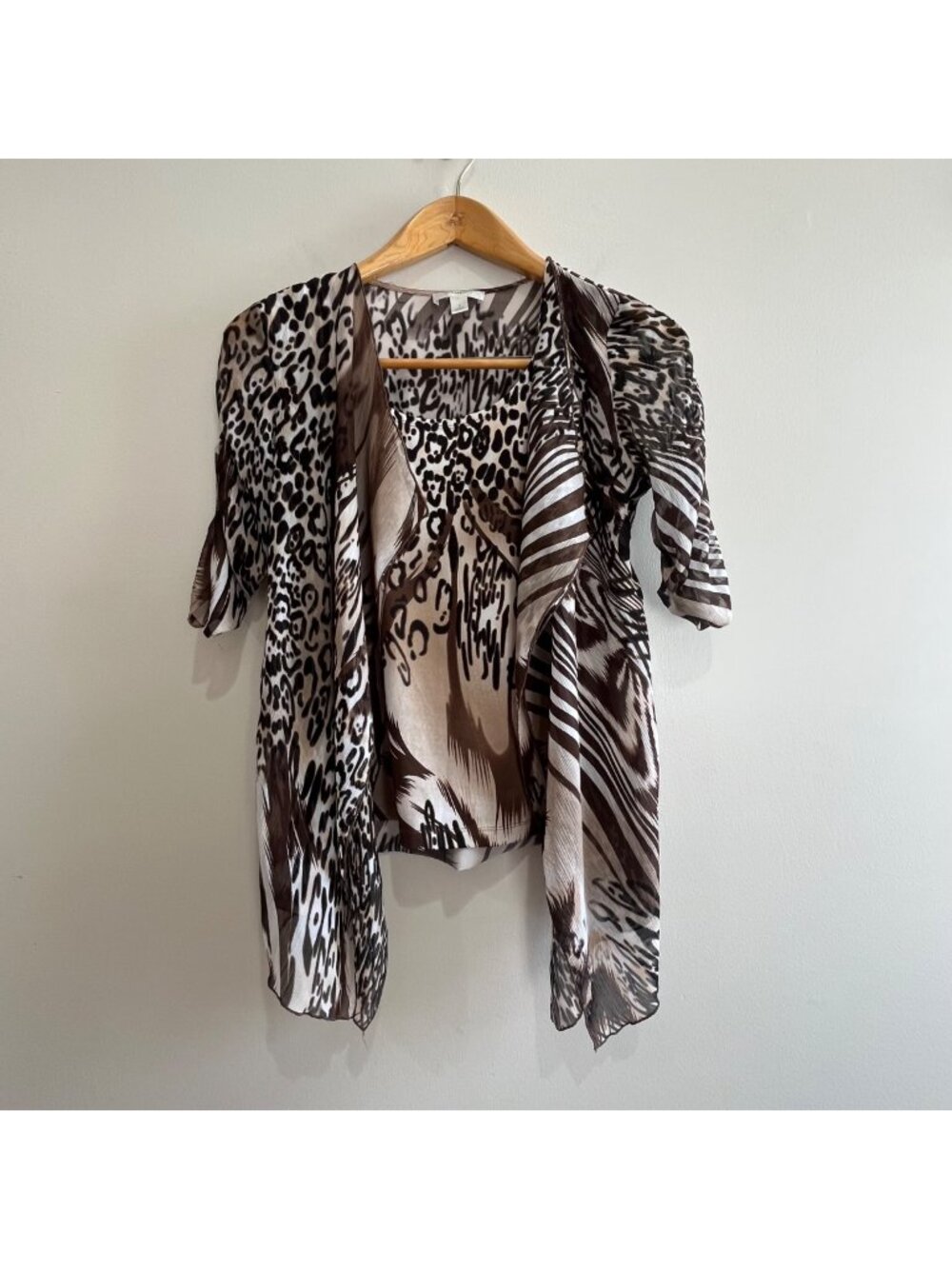 Dress Barn Animal Print Sheer Layered Blouse Womens S Brown Asymmetrical Hem